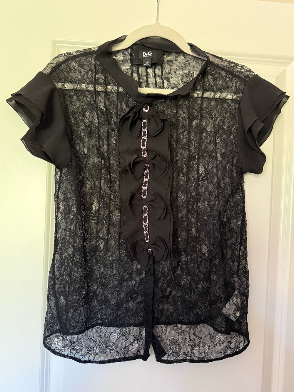 Dolce & Gabbana D&G Black Sheer Lace Blouse with Bow & Chain Detail Y2K Size 6
